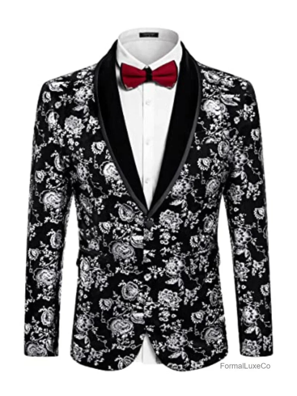 Men's Velvet Tuxedo Blazer Floral Shawl Lapel One Button